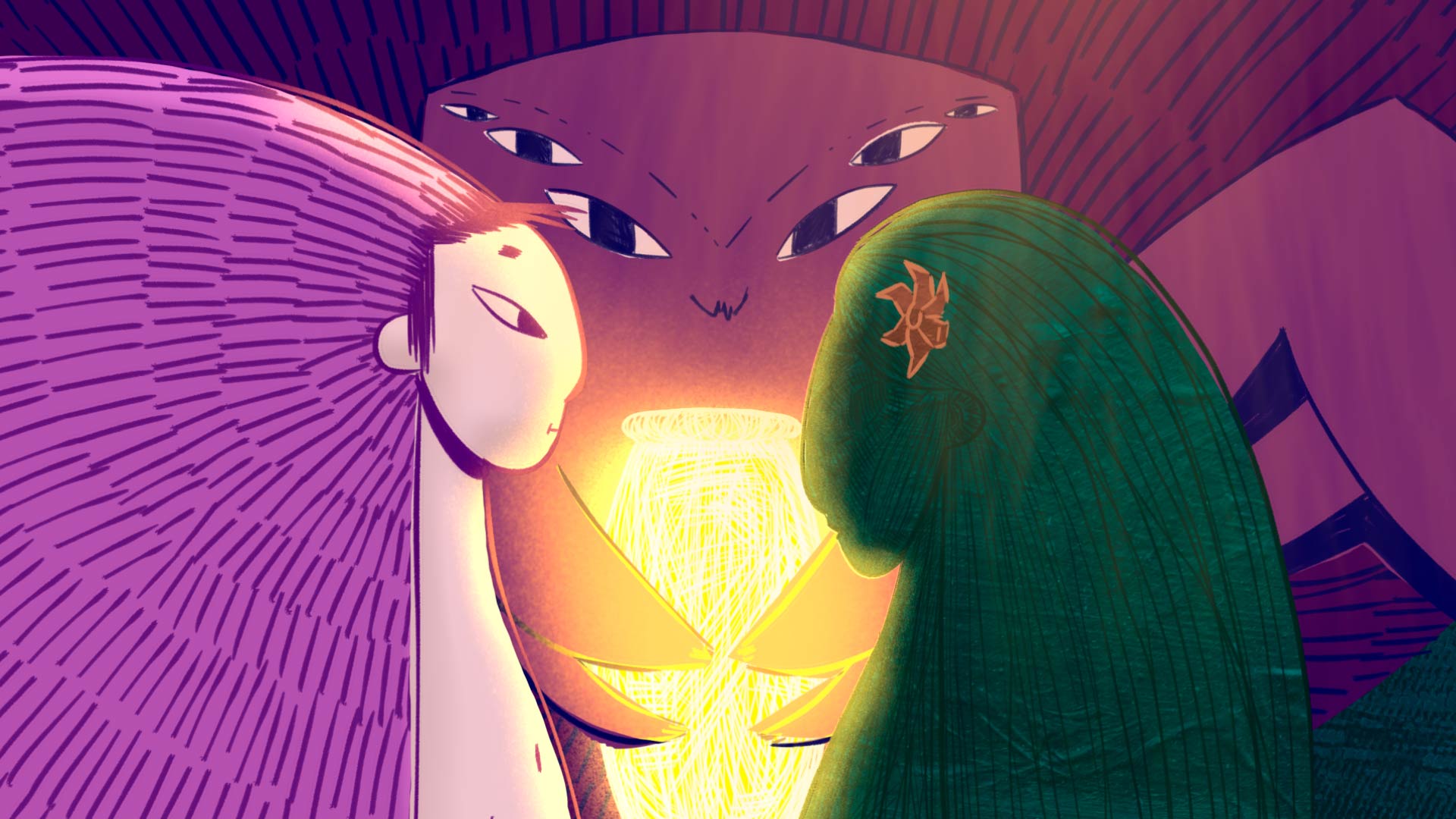 2D animation image in lilac, green and yellow tones. In profile, two stylised human figures, facing each other. The one on the left has violet hair, the other is entirely green, wrapped in shadow, and has an orange flower in her hair. In the centre, in the background, a figure with four eyes holds a pot of yellow light and observes the scene.